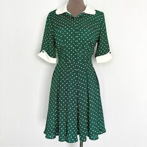 Collectif Vintage Green Polka Dot Fit & Flare Dress w/ Peter Pan Collar US 4 XS